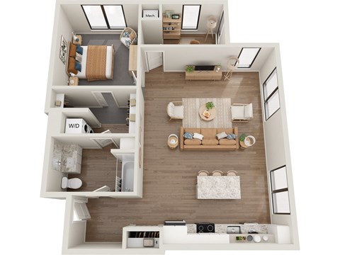 a 3d rendering of a floor plan with a bedroom and living room